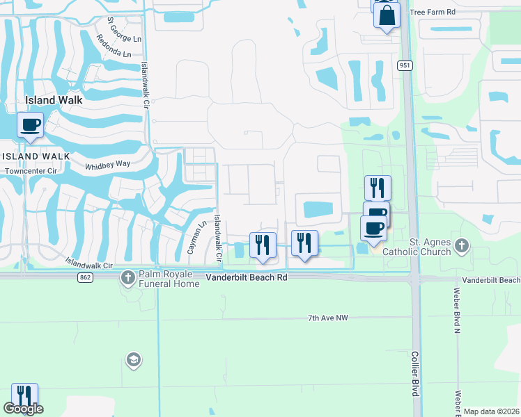 map of restaurants, bars, coffee shops, grocery stores, and more near 7069 Venice Way in Naples