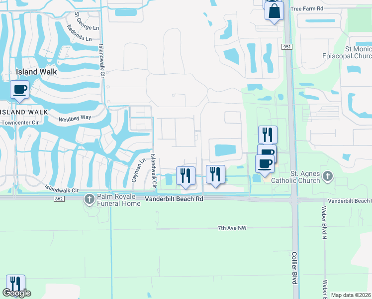 map of restaurants, bars, coffee shops, grocery stores, and more near 7069 Venice Way in Naples