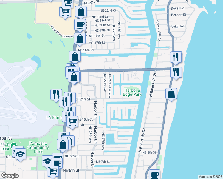 map of restaurants, bars, coffee shops, grocery stores, and more near 1210 Northeast 27th Terrace in Pompano Beach