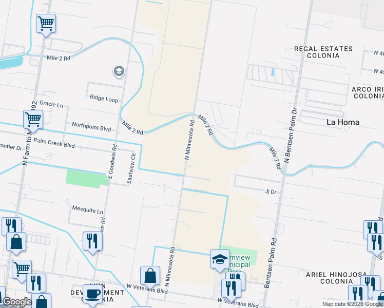 map of restaurants, bars, coffee shops, grocery stores, and more near 1422 North Minnesota Road in Mission