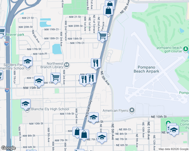 map of restaurants, bars, coffee shops, grocery stores, and more near 110 Northwest 15th Court in Pompano Beach