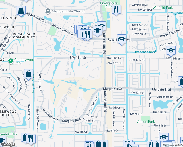 map of restaurants, bars, coffee shops, grocery stores, and more near 8000 Northwest 18th Street in Margate