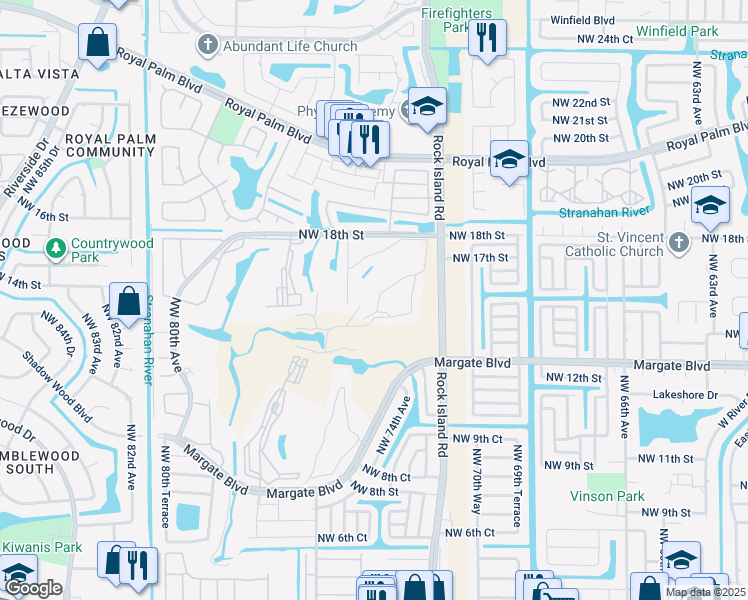 map of restaurants, bars, coffee shops, grocery stores, and more near 8000 Northwest 18th Street in Margate