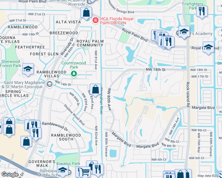 map of restaurants, bars, coffee shops, grocery stores, and more near 1460 Northwest 80th Avenue in Margate