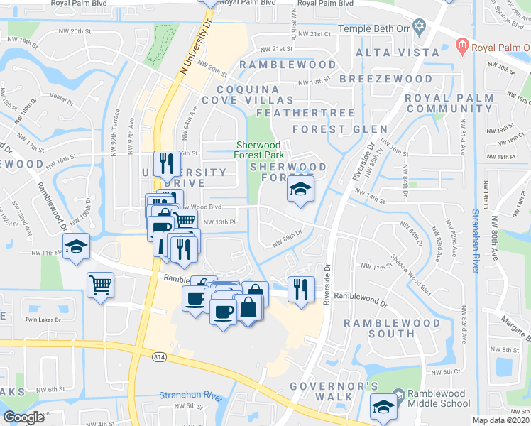 map of restaurants, bars, coffee shops, grocery stores, and more near 1291 Northwest 91st Avenue in Coral Springs