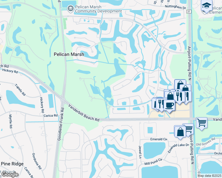 map of restaurants, bars, coffee shops, grocery stores, and more near 8801 Muirfield Drive in Naples