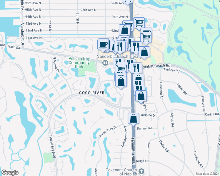 map of restaurants, bars, coffee shops, grocery stores, and more near 8585 Pelican Bay Boulevard in Naples
