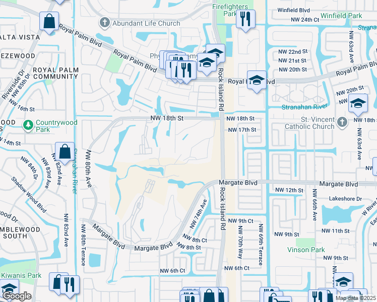 map of restaurants, bars, coffee shops, grocery stores, and more near 8000 Northwest 18th Street in Margate
