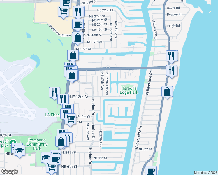map of restaurants, bars, coffee shops, grocery stores, and more near 1210 Northeast 27th Terrace in Pompano Beach