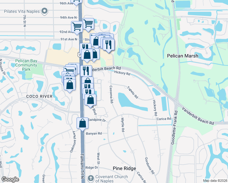 map of restaurants, bars, coffee shops, grocery stores, and more near 820 Cassena Road in Naples