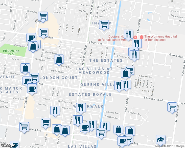 map of restaurants, bars, coffee shops, grocery stores, and more near 5021 North 1st Street in McAllen