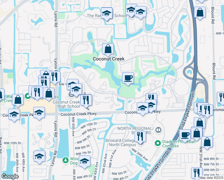 map of restaurants, bars, coffee shops, grocery stores, and more near 2801 Victoria Way in Coconut Creek