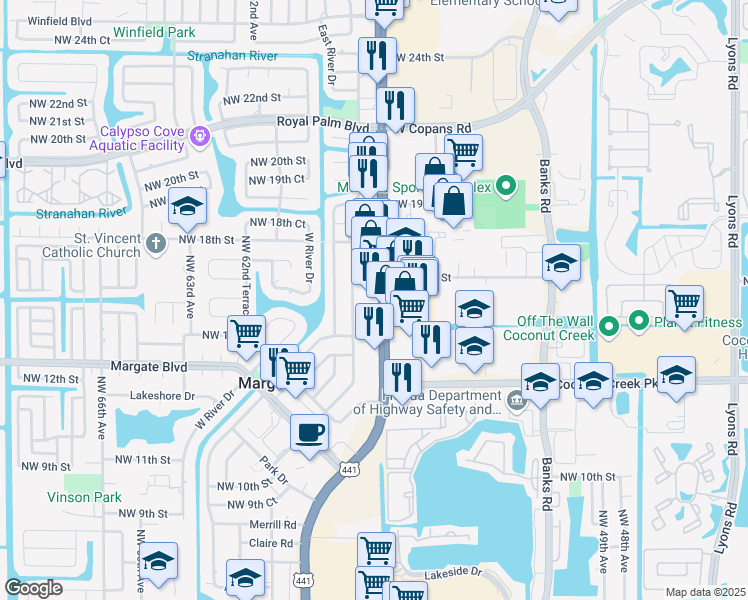 map of restaurants, bars, coffee shops, grocery stores, and more near 1605 U.S. 441 in Margate