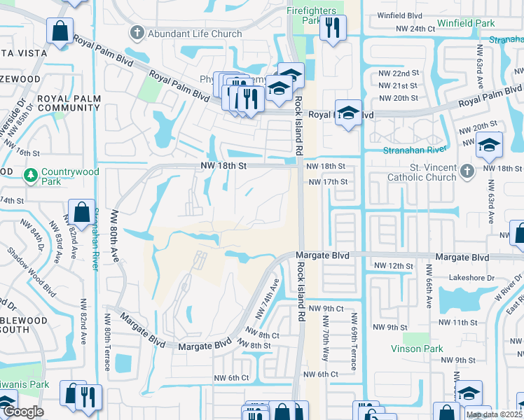 map of restaurants, bars, coffee shops, grocery stores, and more near 31 Northwest 18th Street in Margate