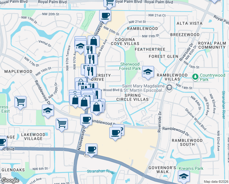 map of restaurants, bars, coffee shops, grocery stores, and more near 9295 Shadow Wood Boulevard in Coral Springs