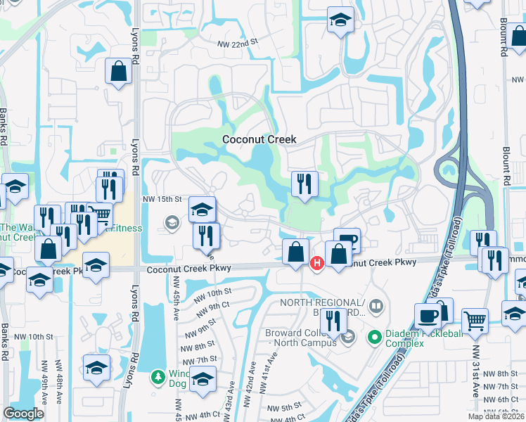 map of restaurants, bars, coffee shops, grocery stores, and more near 2801 Victoria Way in Coconut Creek