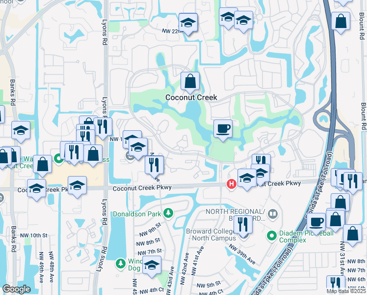 map of restaurants, bars, coffee shops, grocery stores, and more near 2802 Victoria Way in Coconut Creek