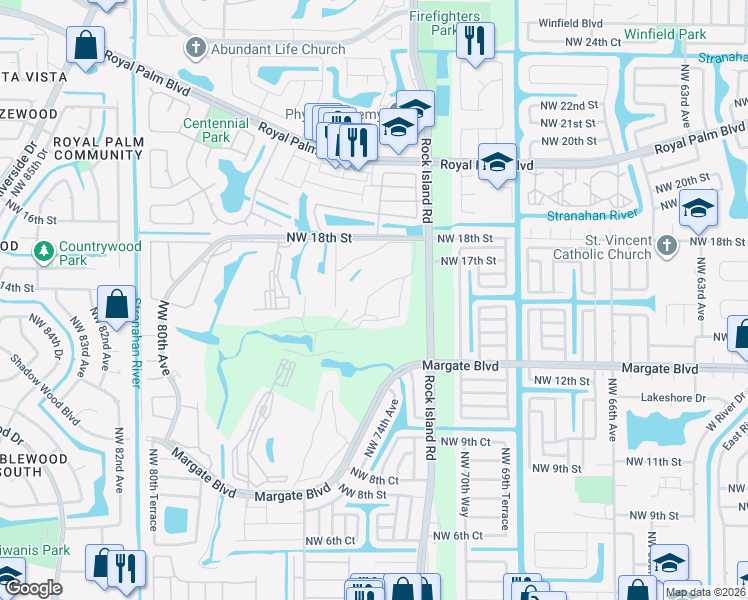 map of restaurants, bars, coffee shops, grocery stores, and more near 31 Northwest 18th Street in Margate