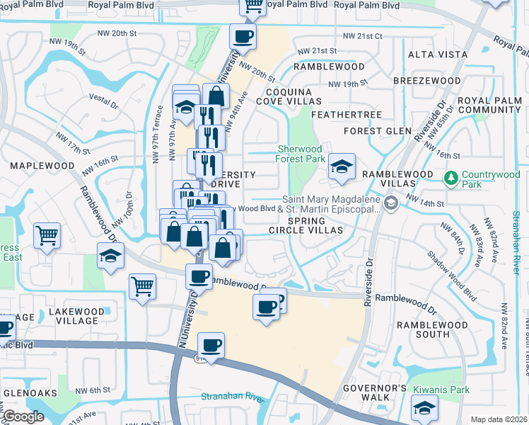 map of restaurants, bars, coffee shops, grocery stores, and more near 9295 Shadow Wood Boulevard in Coral Springs