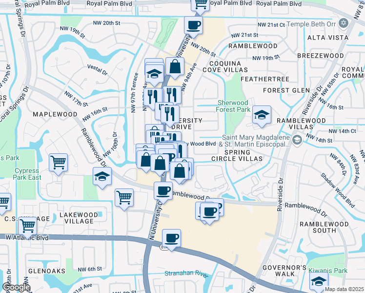 map of restaurants, bars, coffee shops, grocery stores, and more near 1439-1447 Northwest 94th Avenue in Coral Springs