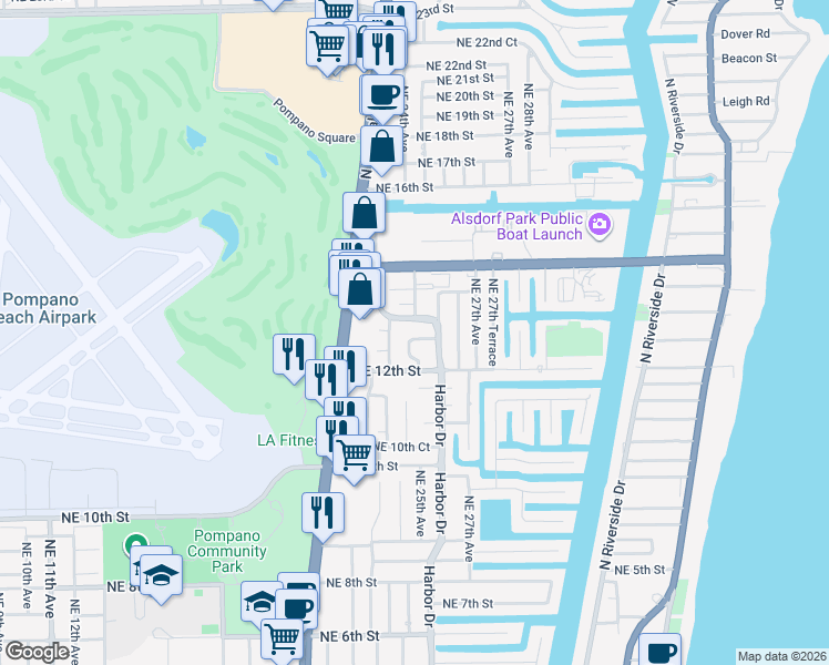 map of restaurants, bars, coffee shops, grocery stores, and more near 2511 Northeast 12th Court in Pompano Beach