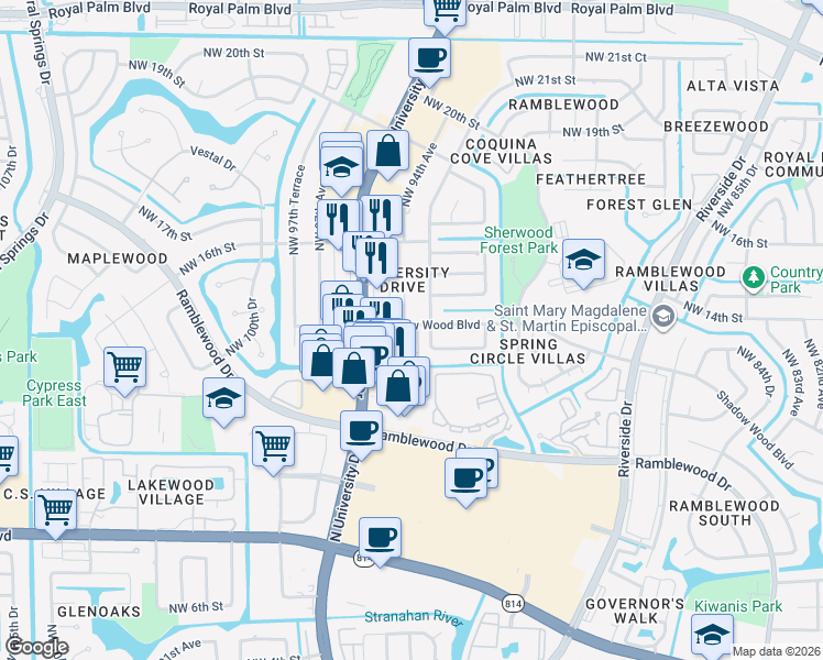 map of restaurants, bars, coffee shops, grocery stores, and more near 1447 Northwest 94th Way in Coral Springs