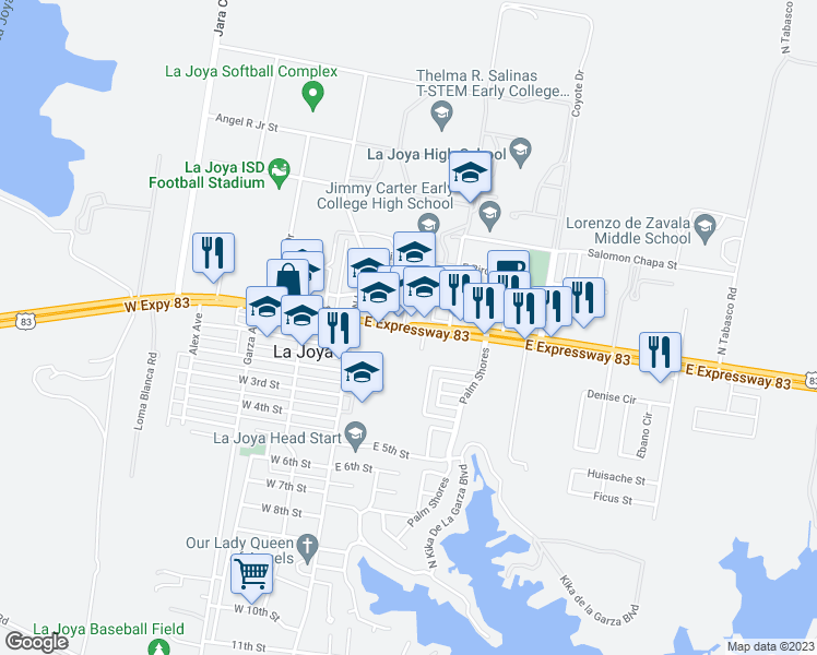 map of restaurants, bars, coffee shops, grocery stores, and more near 328 East Expressway 83 in La Joya