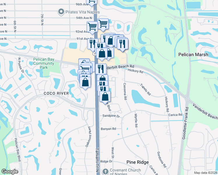 map of restaurants, bars, coffee shops, grocery stores, and more near 879 Meadowland Drive in Naples