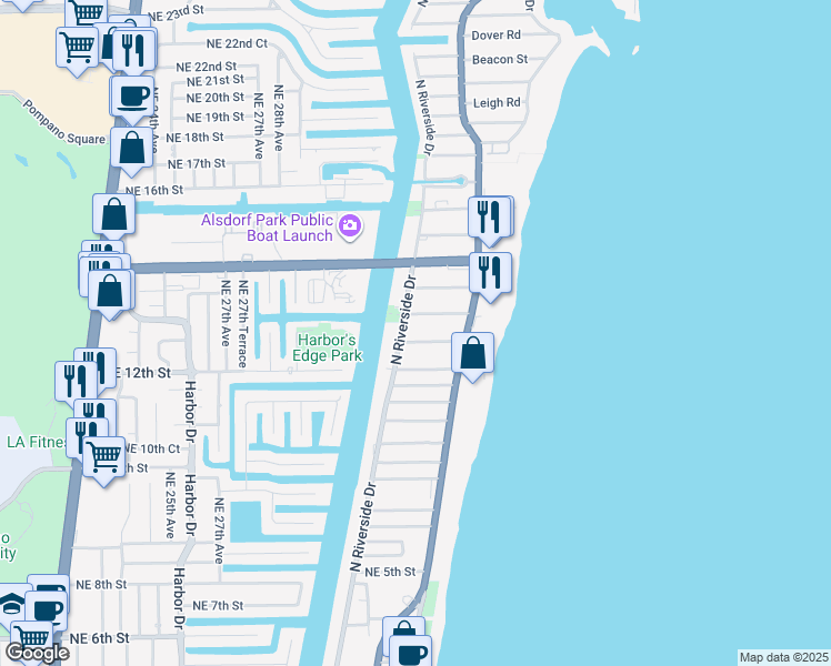 map of restaurants, bars, coffee shops, grocery stores, and more near 1199 North Riverside Drive in Pompano Beach