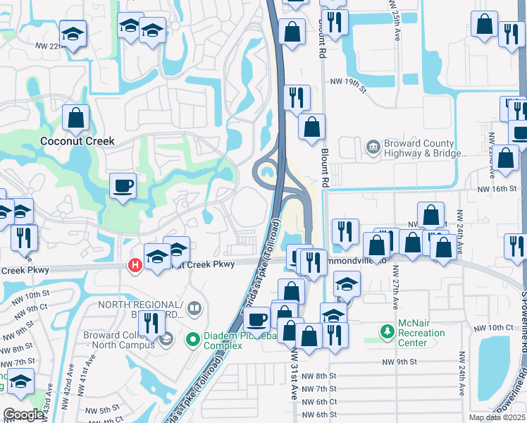 map of restaurants, bars, coffee shops, grocery stores, and more near 1605 Abaco Drive in Coconut Creek