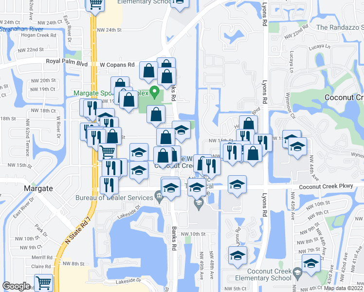 map of restaurants, bars, coffee shops, grocery stores, and more near 1494 Banks Road in Margate