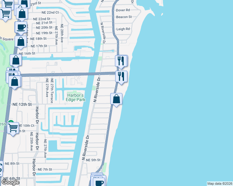 map of restaurants, bars, coffee shops, grocery stores, and more near 1200 Florida A1A in Pompano Beach