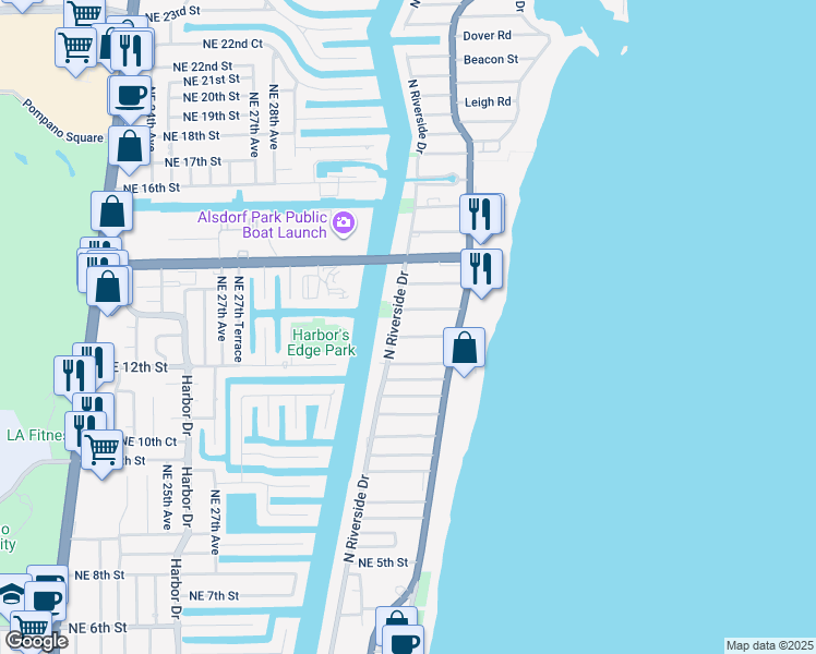 map of restaurants, bars, coffee shops, grocery stores, and more near 1199 North Riverside Drive in Pompano Beach
