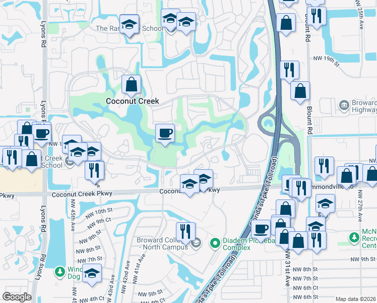 map of restaurants, bars, coffee shops, grocery stores, and more near 4602 Martinique Way in Coconut Creek