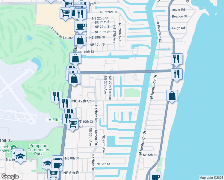 map of restaurants, bars, coffee shops, grocery stores, and more near 1250 Northeast 27th Terrace in Pompano Beach