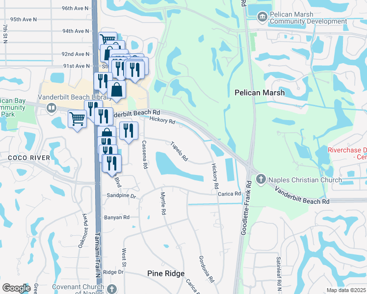 map of restaurants, bars, coffee shops, grocery stores, and more near 173 Tupelo Road in Naples