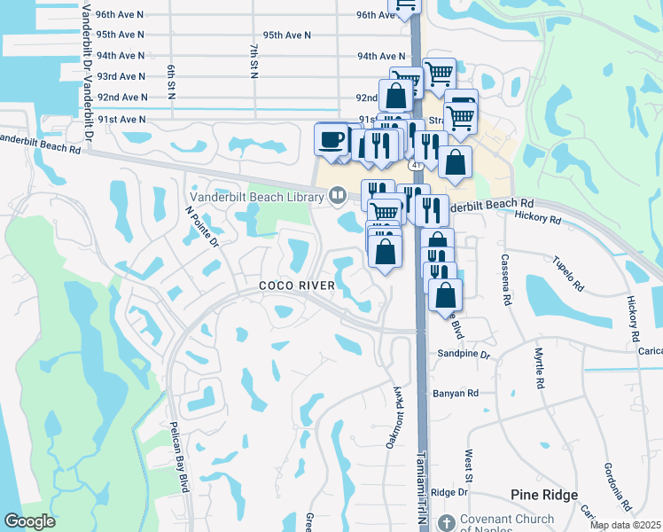map of restaurants, bars, coffee shops, grocery stores, and more near 1300 Lambiance Circle in Naples