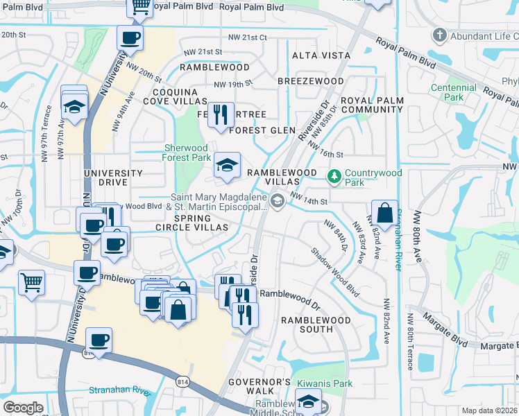 map of restaurants, bars, coffee shops, grocery stores, and more near 1453 Northwest 87th Terrace in Coral Springs