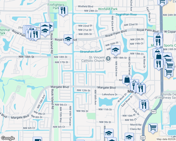 map of restaurants, bars, coffee shops, grocery stores, and more near 6775 Northwest 16th Street in Margate