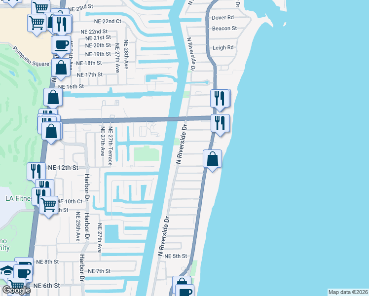 map of restaurants, bars, coffee shops, grocery stores, and more near 1110 North Riverside Drive in Pompano Beach
