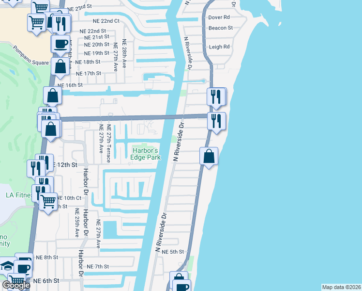 map of restaurants, bars, coffee shops, grocery stores, and more near 1199 North Riverside Drive in Pompano Beach