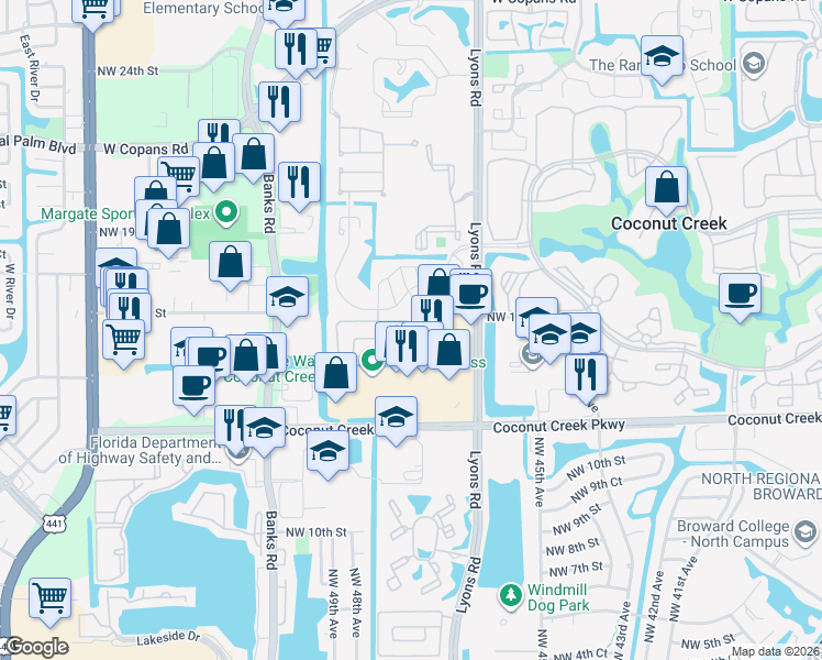 map of restaurants, bars, coffee shops, grocery stores, and more near 1470 Northwest 47th Avenue in Coconut Creek