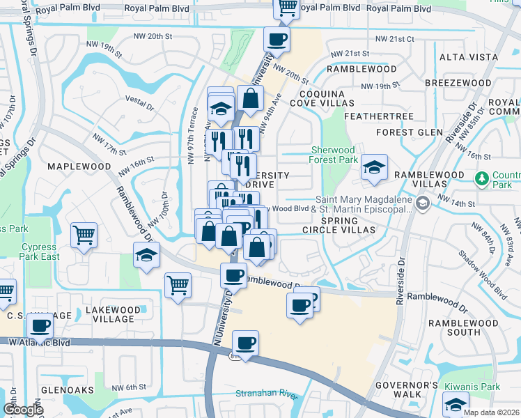 map of restaurants, bars, coffee shops, grocery stores, and more near 1439-1447 Northwest 94th Avenue in Coral Springs