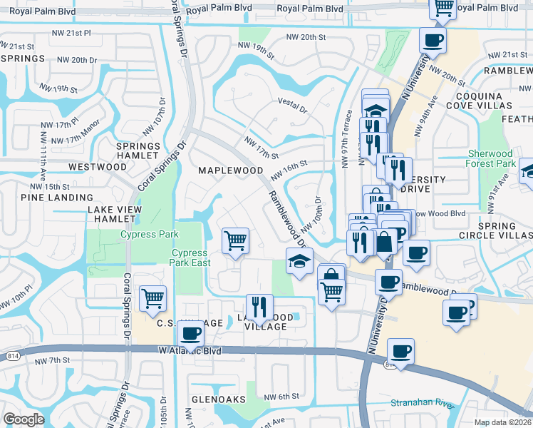 map of restaurants, bars, coffee shops, grocery stores, and more near 1393 Northwest 100th Avenue in Coral Springs