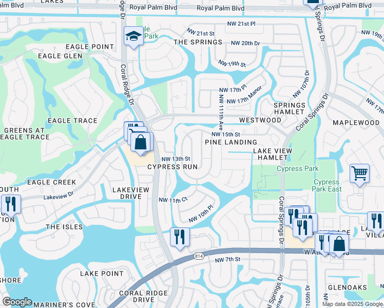 map of restaurants, bars, coffee shops, grocery stores, and more near 1395 Northwest 113th Terrace in Coral Springs
