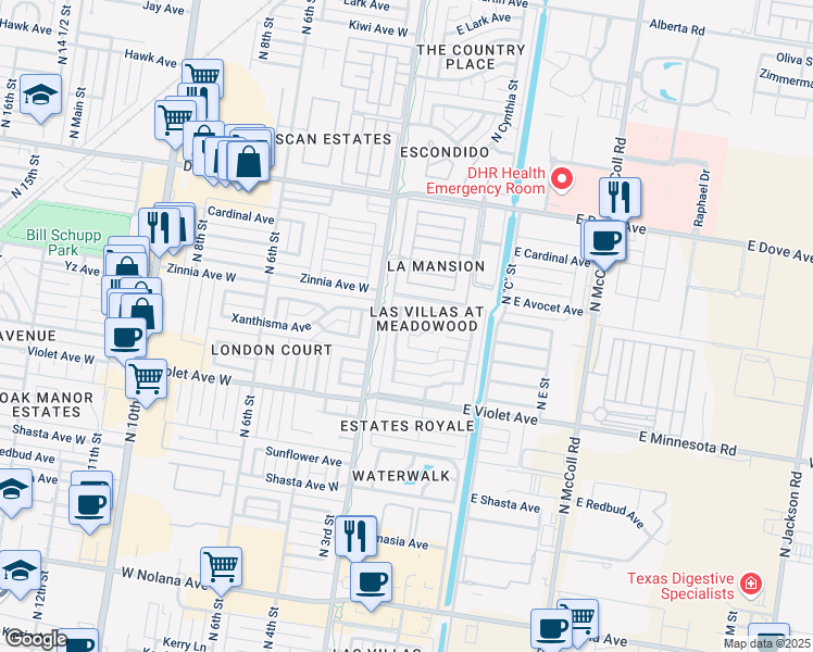 map of restaurants, bars, coffee shops, grocery stores, and more near 5121 North 1st Lane in McAllen