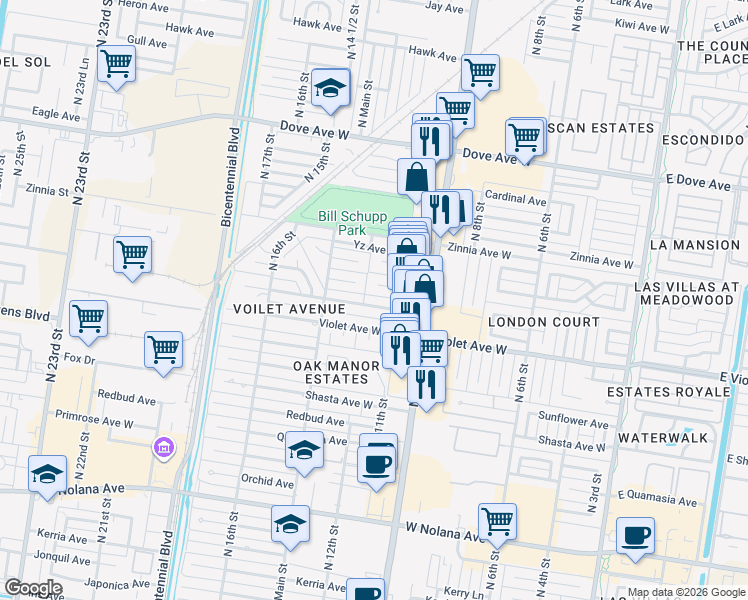 map of restaurants, bars, coffee shops, grocery stores, and more near 1116 Wisteria Avenue in McAllen