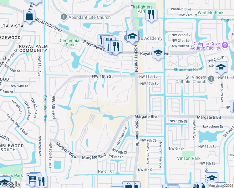 map of restaurants, bars, coffee shops, grocery stores, and more near 31 Northwest 18th Street in Margate
