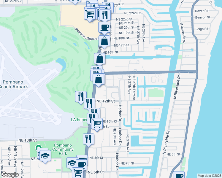 map of restaurants, bars, coffee shops, grocery stores, and more near 2320 Northeast 13th Street in Pompano Beach
