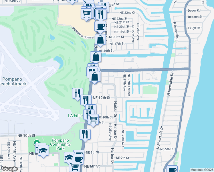map of restaurants, bars, coffee shops, grocery stores, and more near 2320 Northeast 13th Street in Pompano Beach